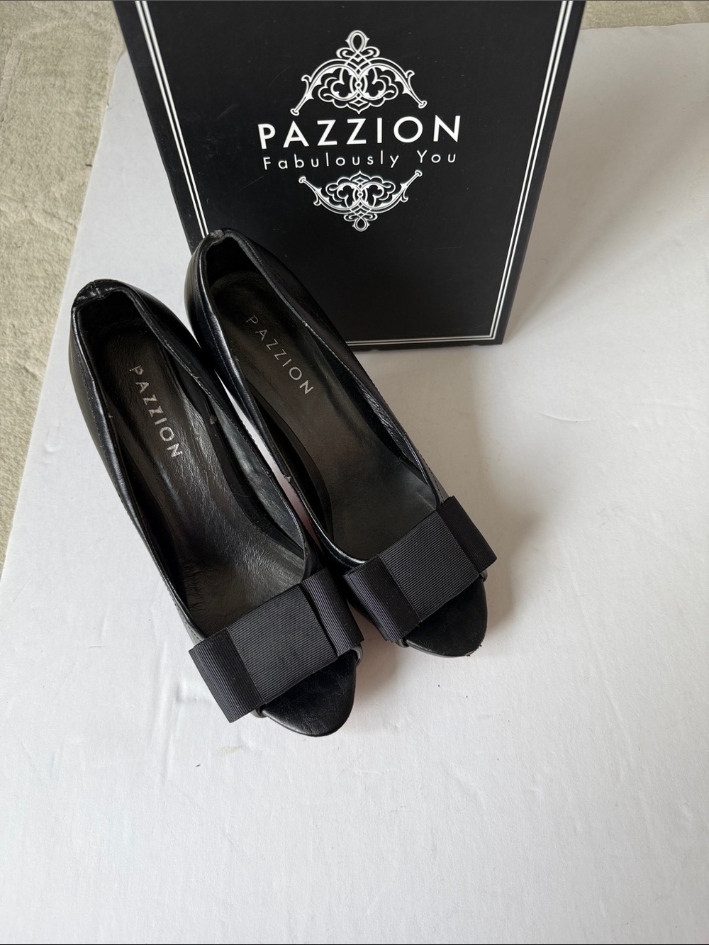 Pazzion Black Bow Peep-Toe Heels